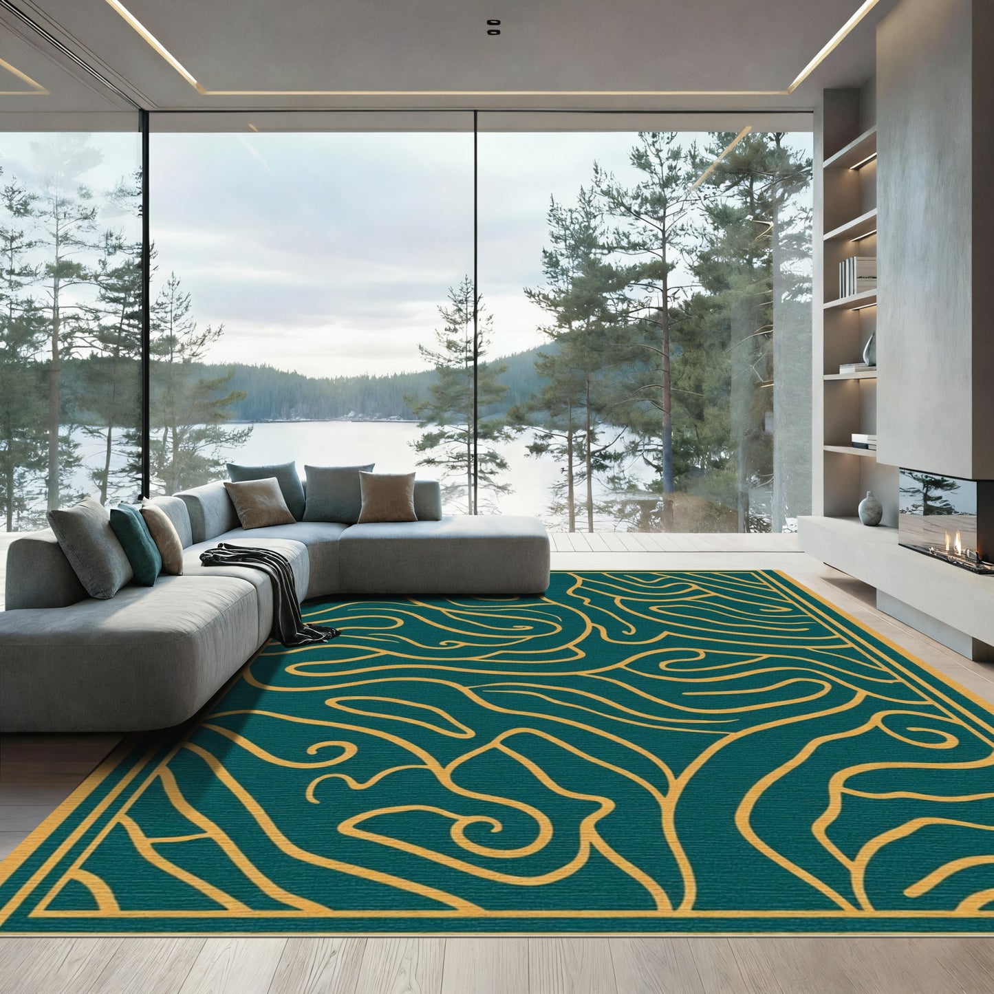 Deep Teal Abstract Organic Lines Rug