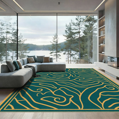 Deep Teal Abstract Organic Lines Rug