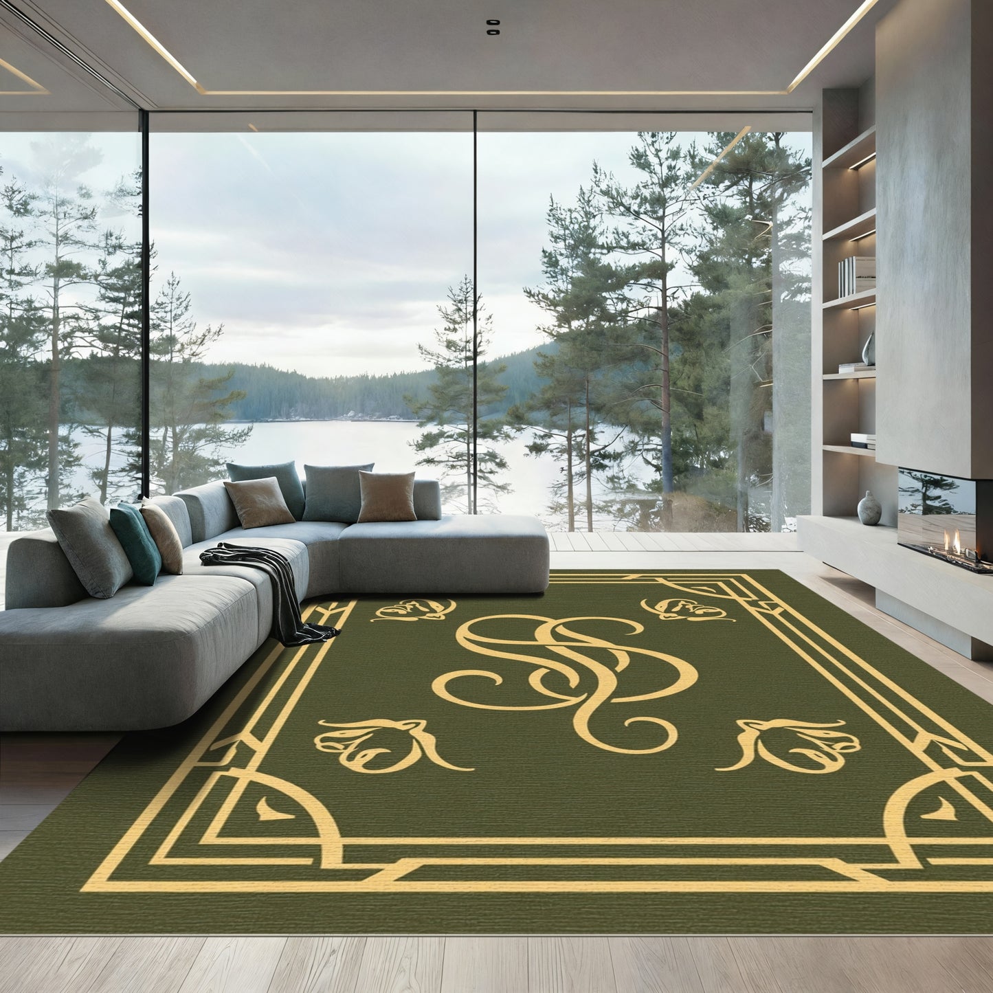 Golden Art Deco Border Butterflies Rug