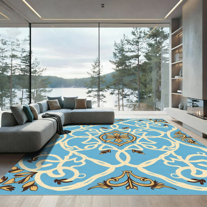 Blue Yellow Damask Floral Scroll Rug