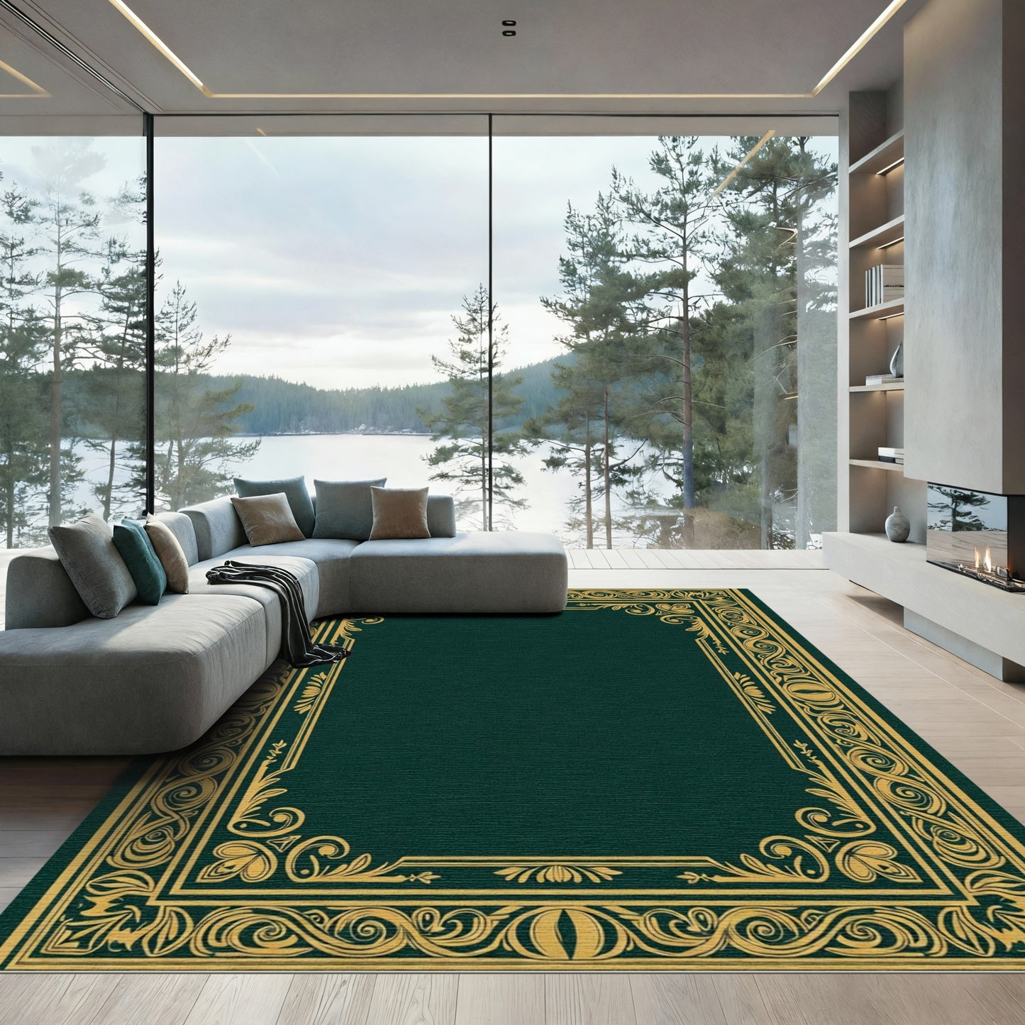 Ornate Gold Leaf Scrollwork Border Rug