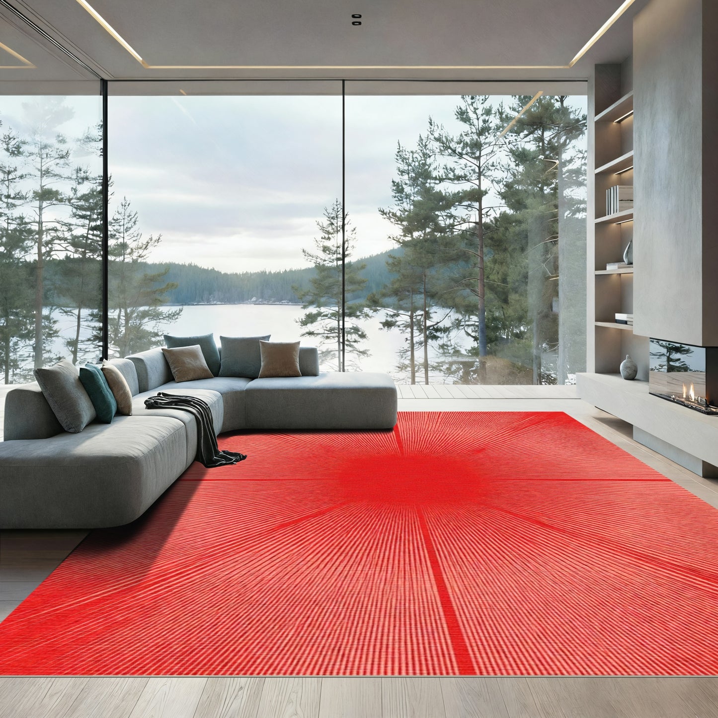 Crimson Radiating Sunburst Rug