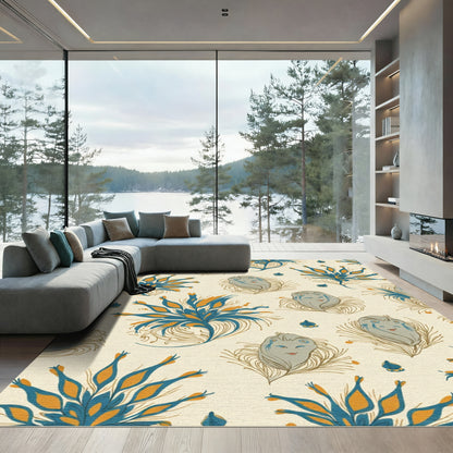 Whimsical Blue Orange Feathered Faces Rug