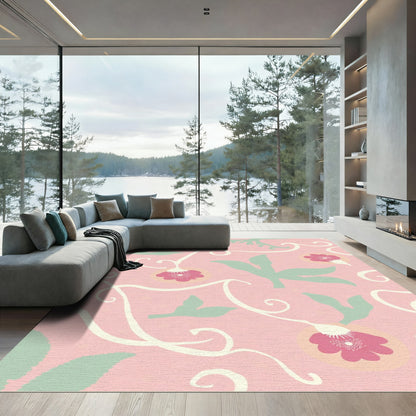 Whimsical Pink Floral Swirl Composition Rug