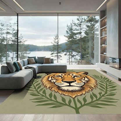 Vibrant Orange Tiger Jungle Leaves Rug
