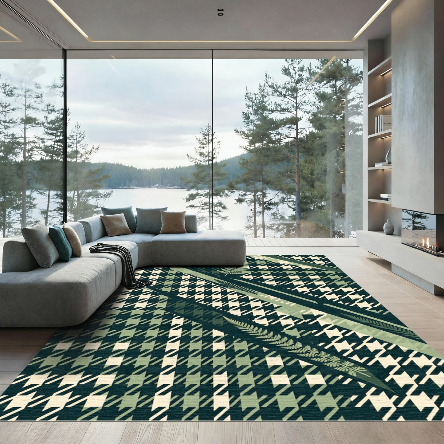 Green Geometric Houndstooth Fern Collage Rug