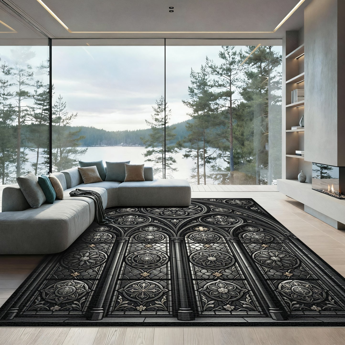 Gothic Silver Floral Rose Window Rug