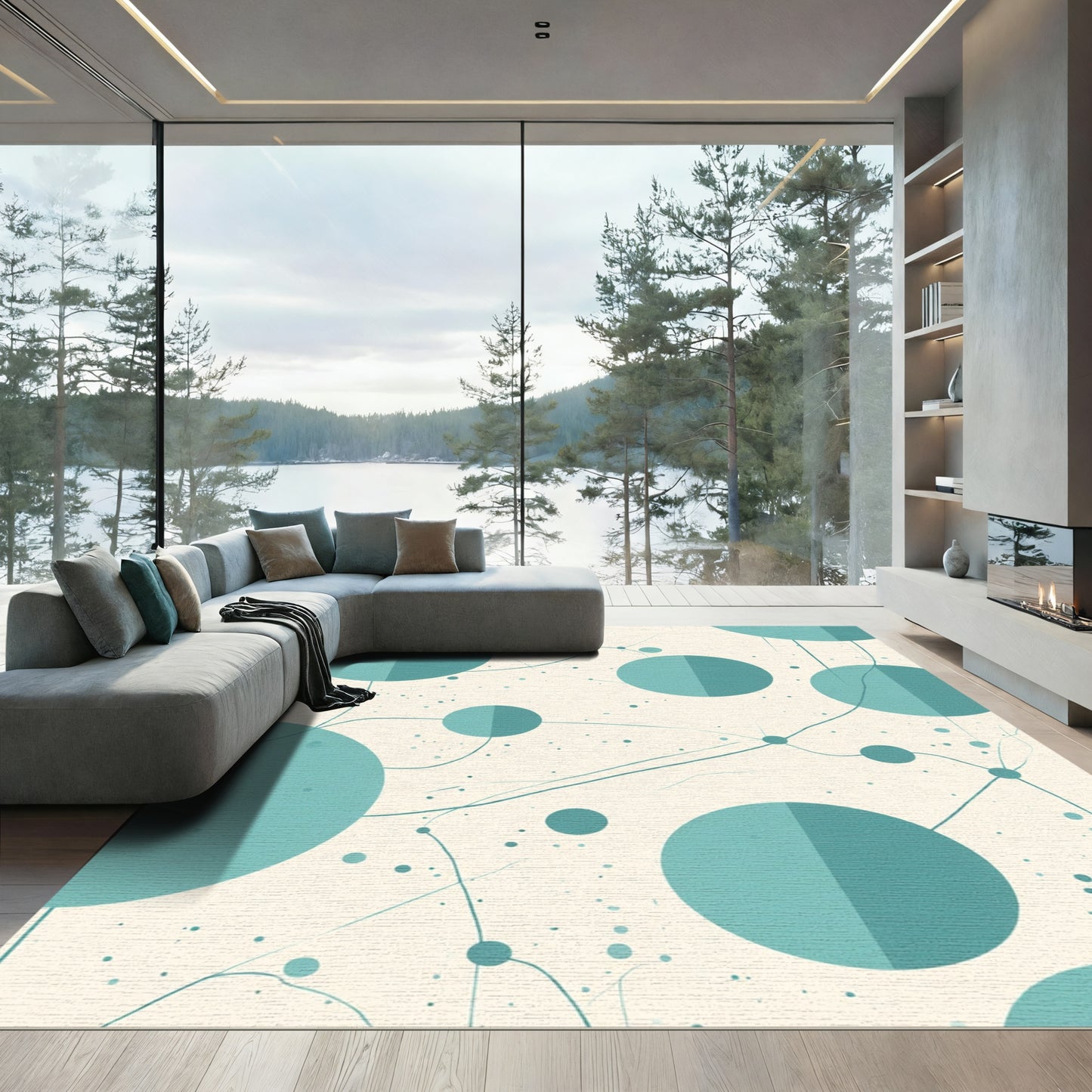 Teal Circles and Lines Abstraction Rug
