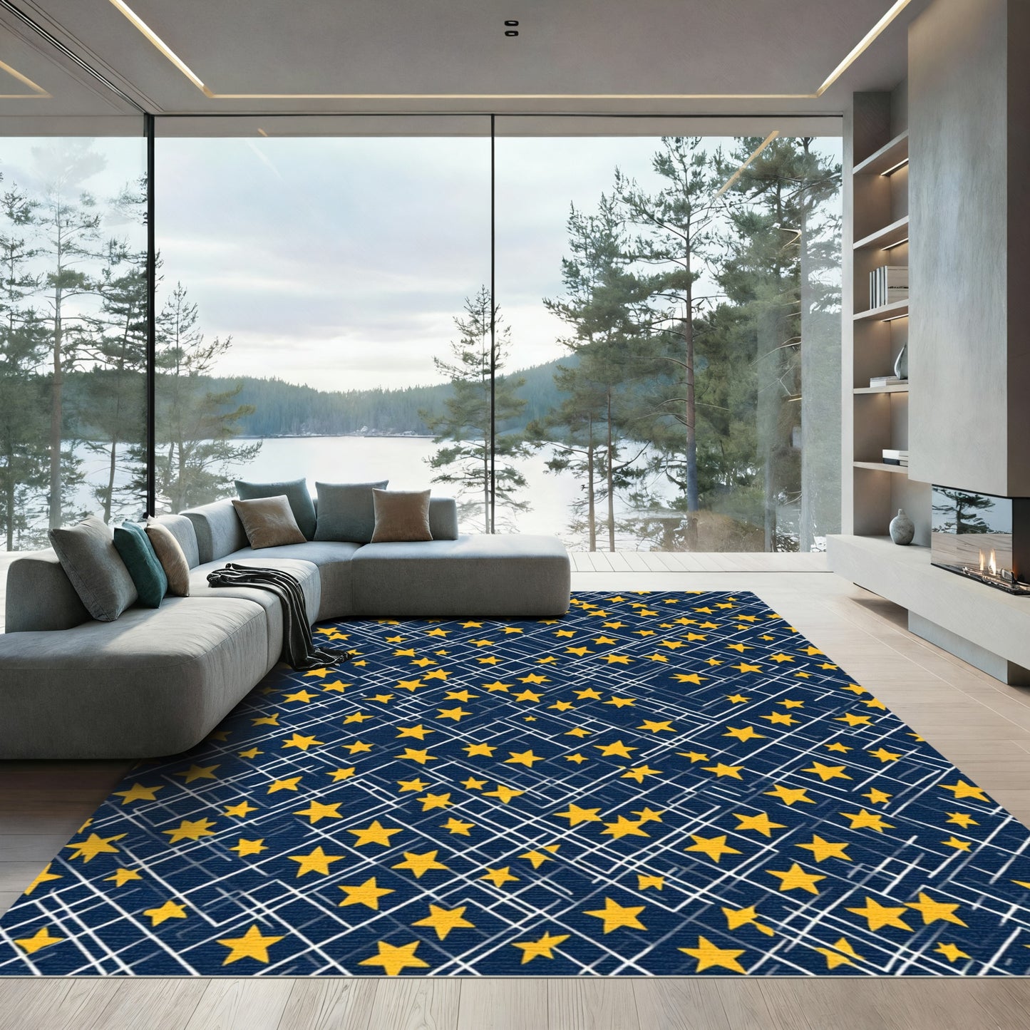 Golden Starburst Geometric Overlay Rug