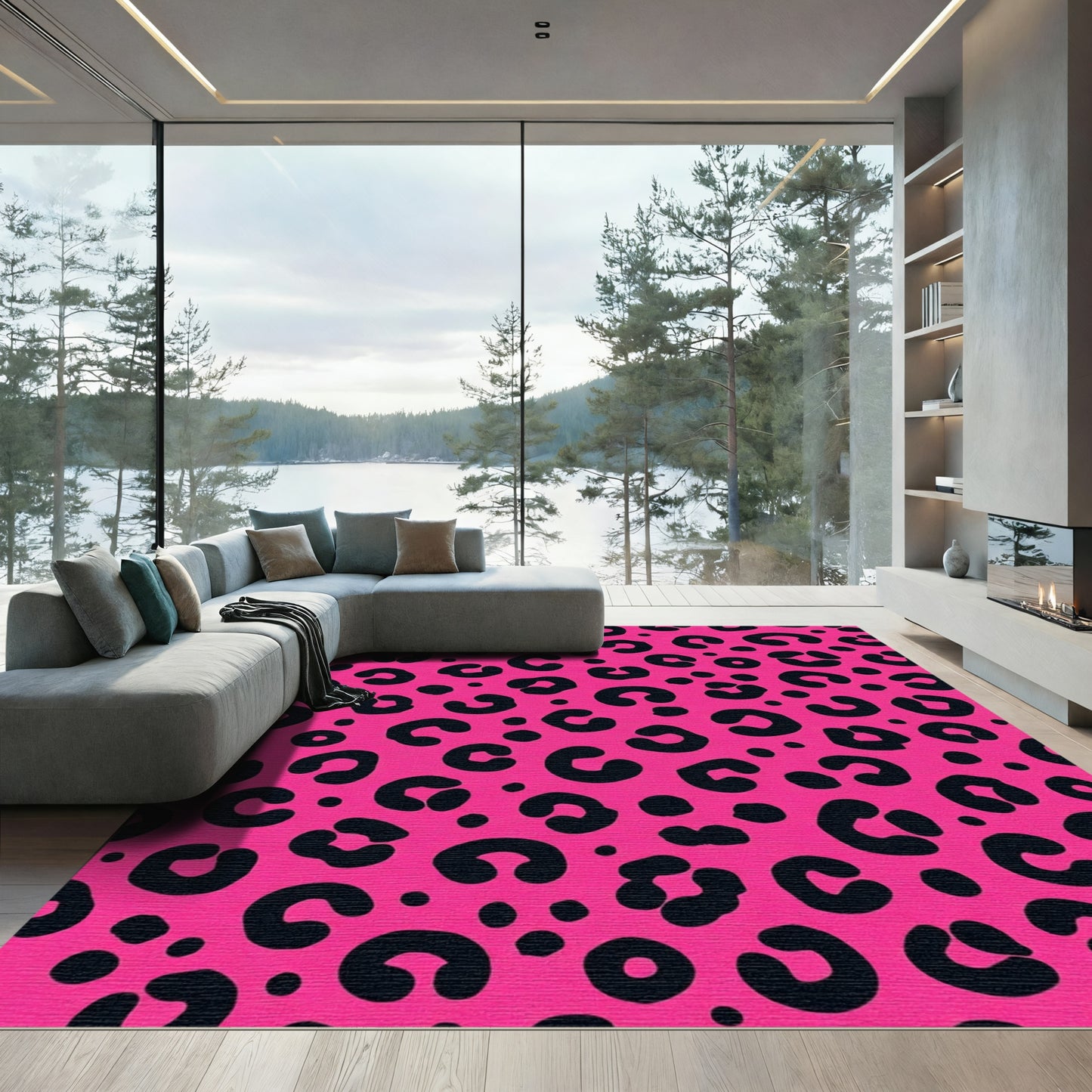Vibrant Pink Black Animal Spots Rug