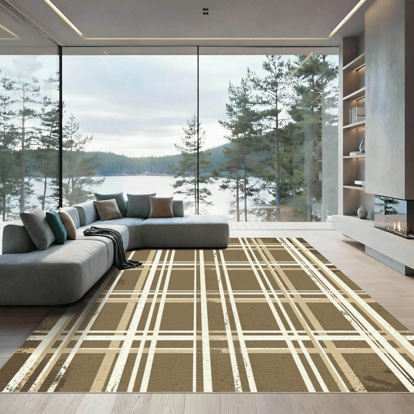 Rustic Brown Tan Plaid Checkered Rug