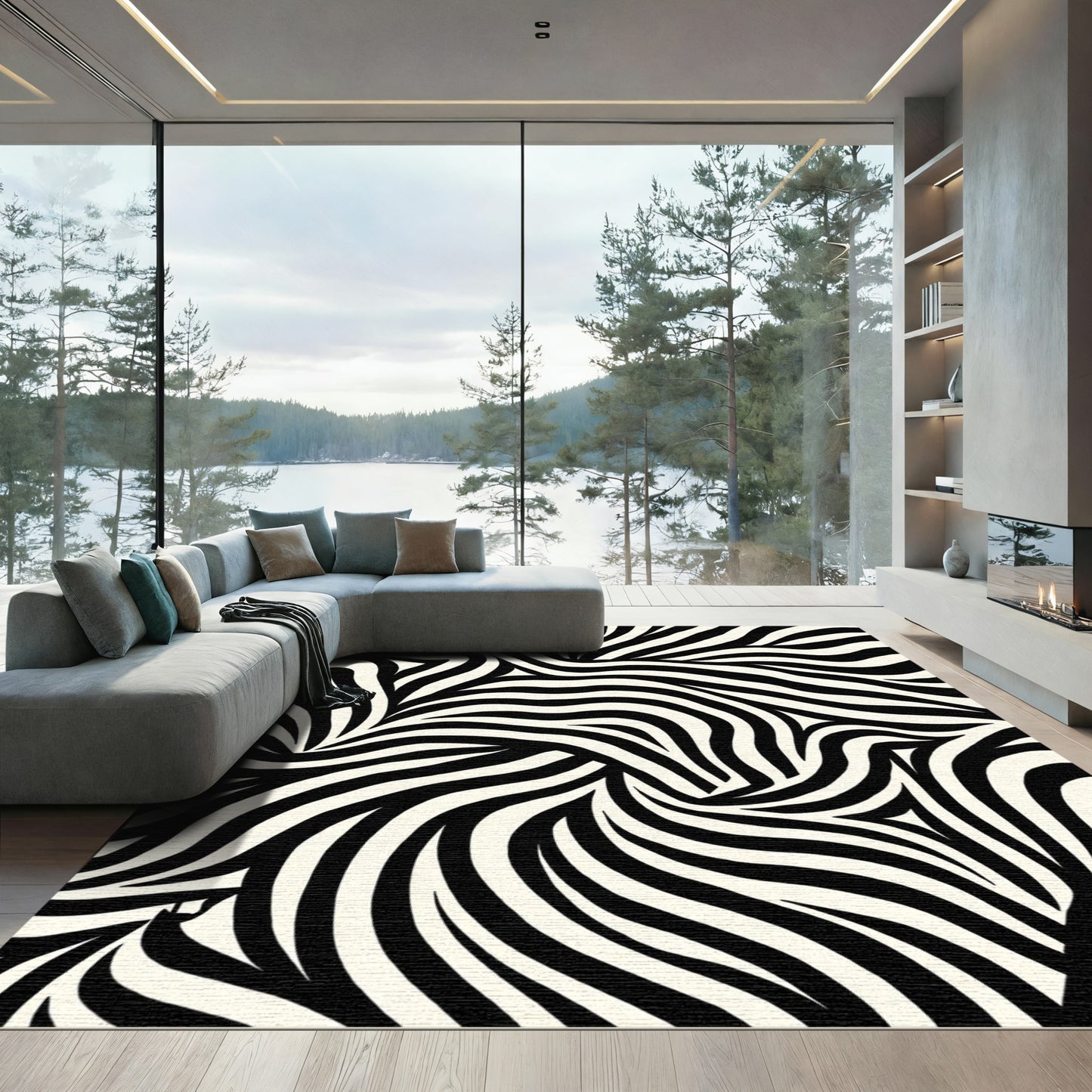 Bold Black Ivory Abstract Swirl Rug