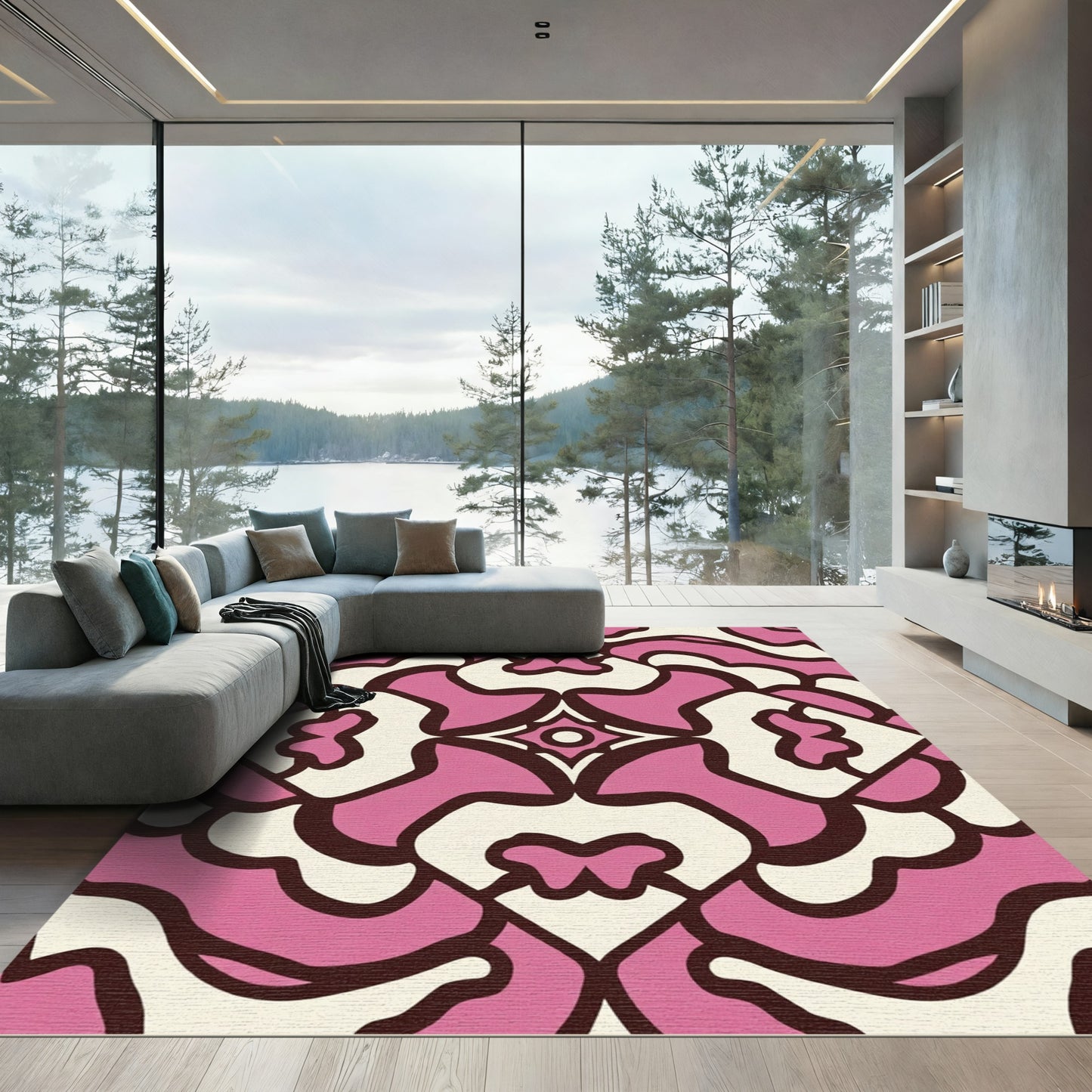 Mid-century Pink Cream Abstract Floral Rug