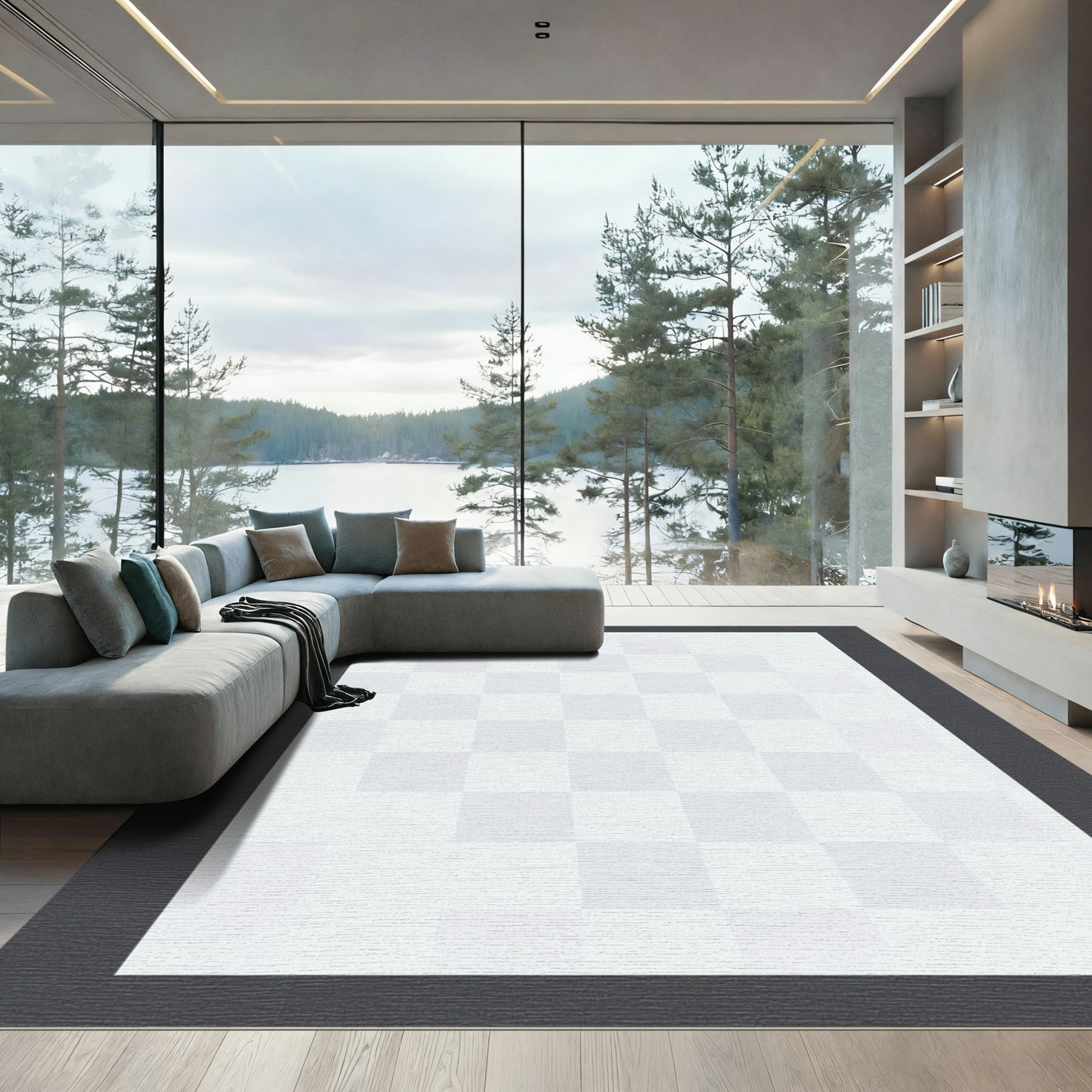 Light Gray Checked Square Field Rug