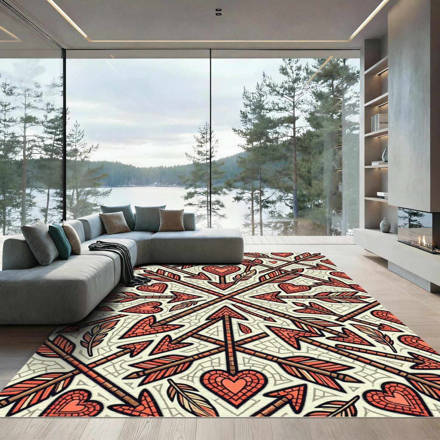 Coral Heart Arrows Feather Lattice Rug
