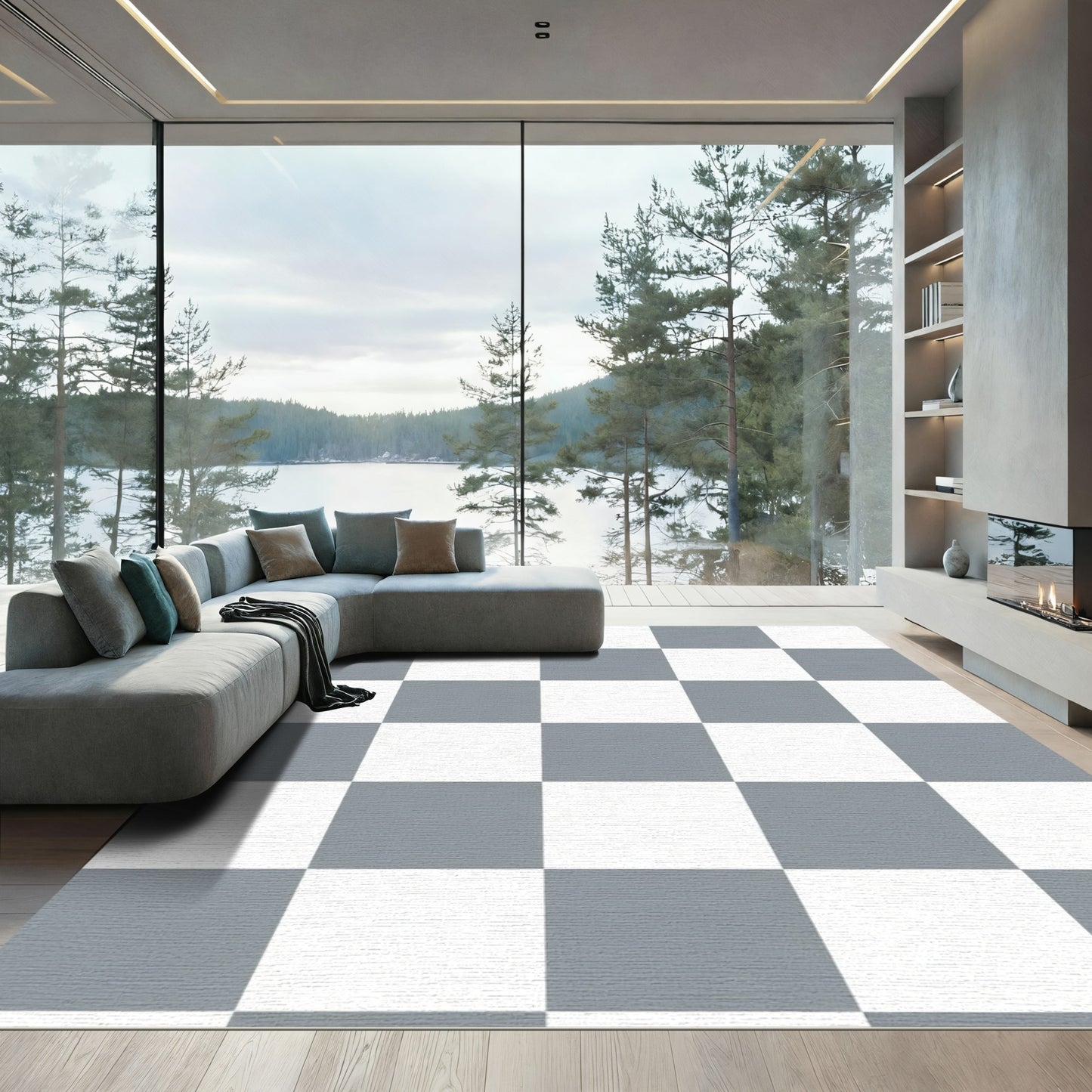 Gray White Checkerboard Grid Rug