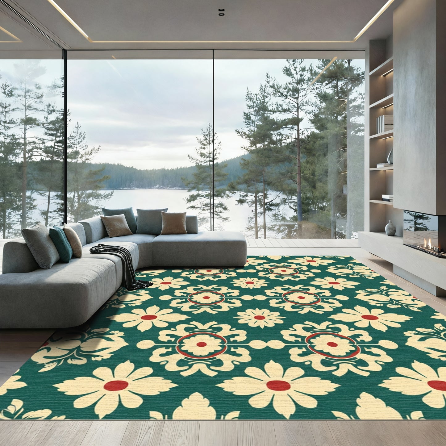 Cream Red Floral Medallion Teal Rug