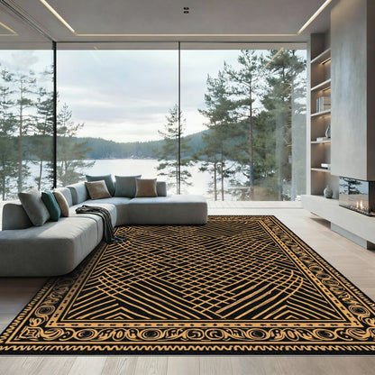 Abstract Golden Grid Border Rug