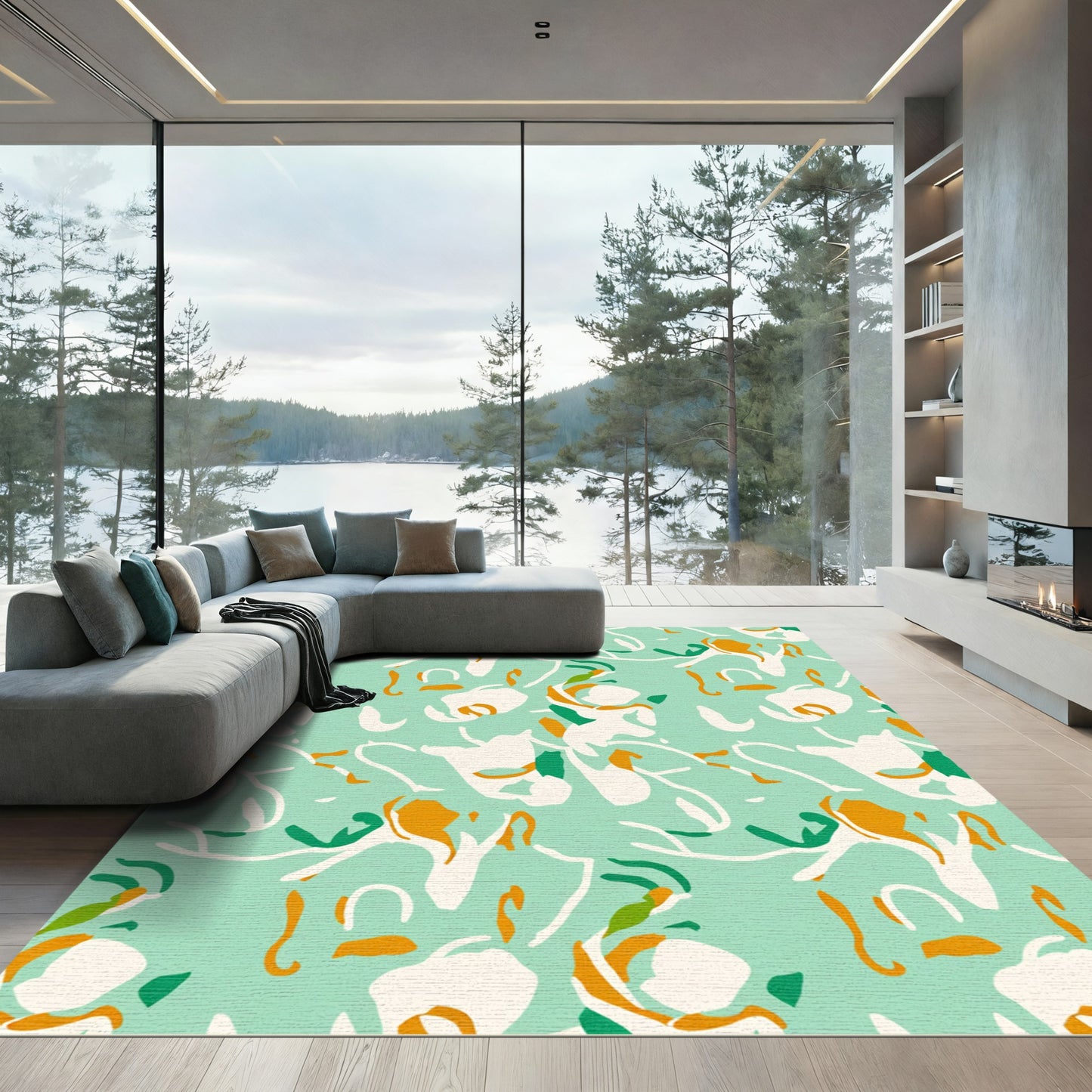 Abstract Aqua White Orange Swirl Rug