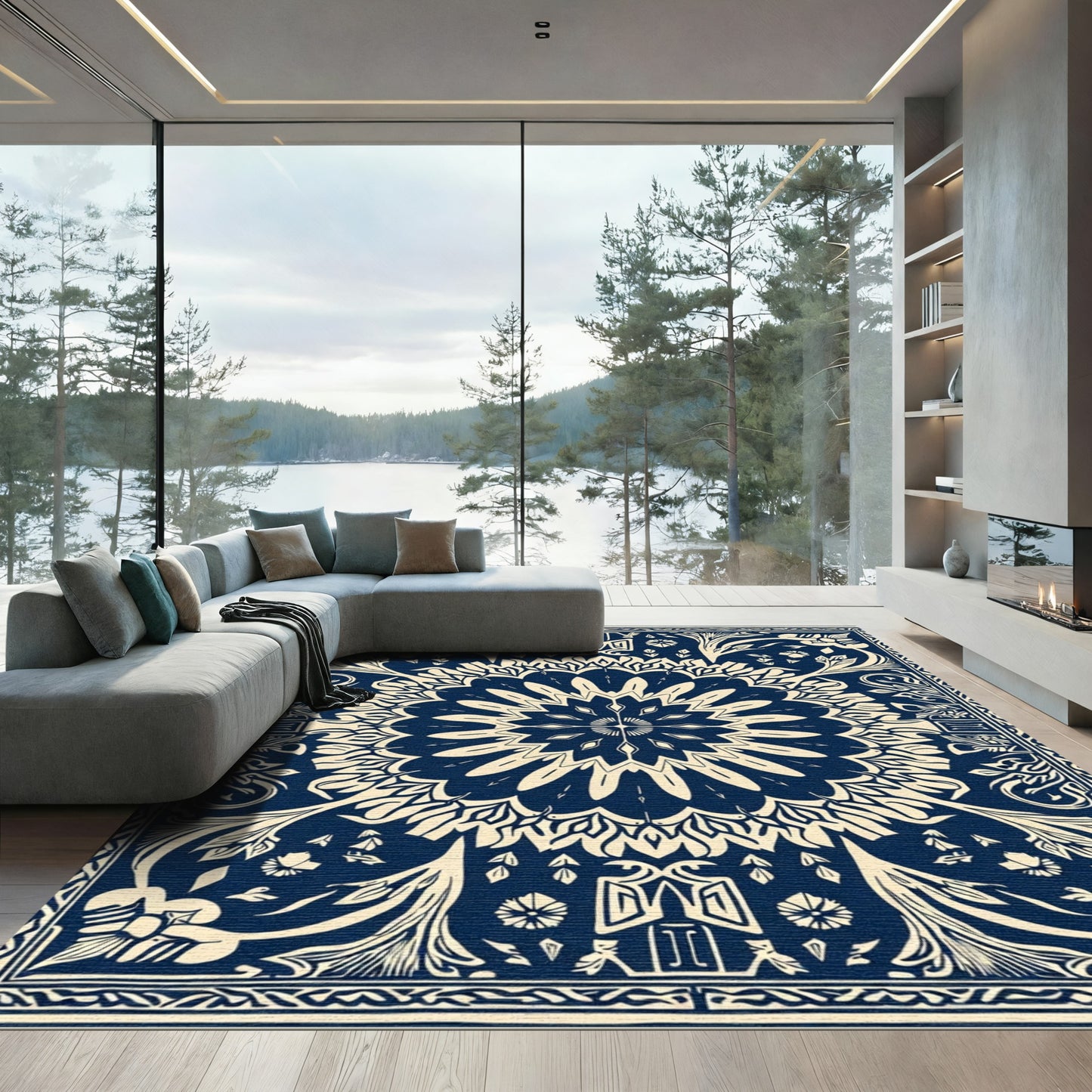 Navy Cream Floral Medallion Sunburst Rug