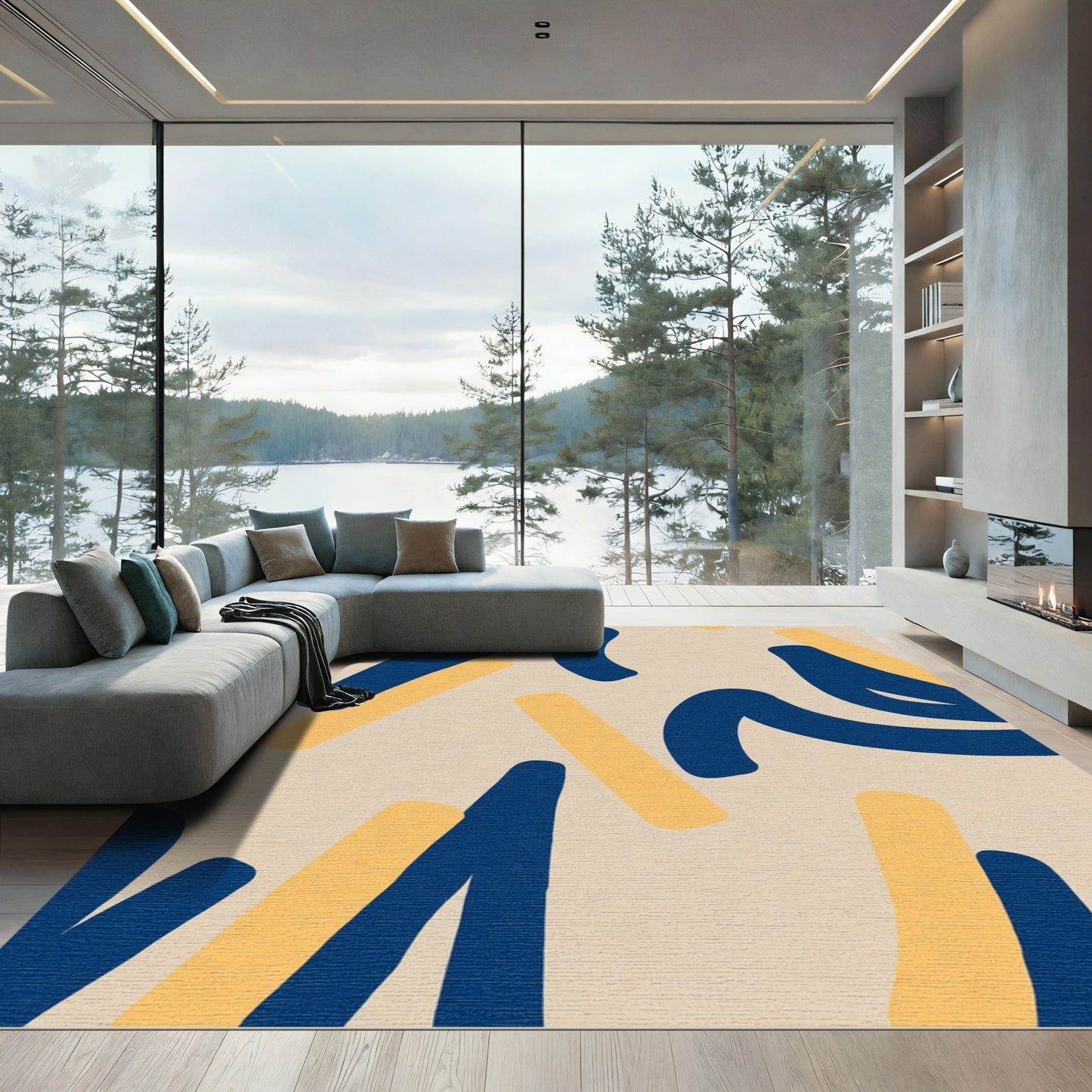 Navy and Gold Abstract Strokes Rug