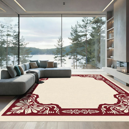 Crimson Floral Scrollwork Frame Rug