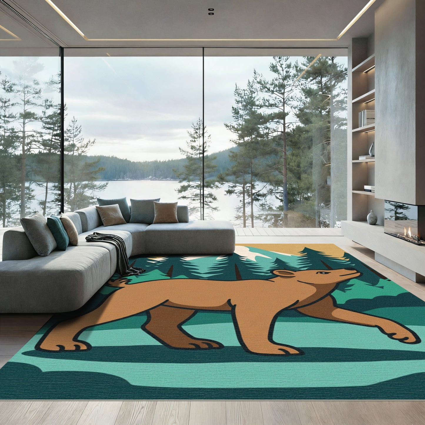 Brown Bear Forest Mountain Landscape Rug