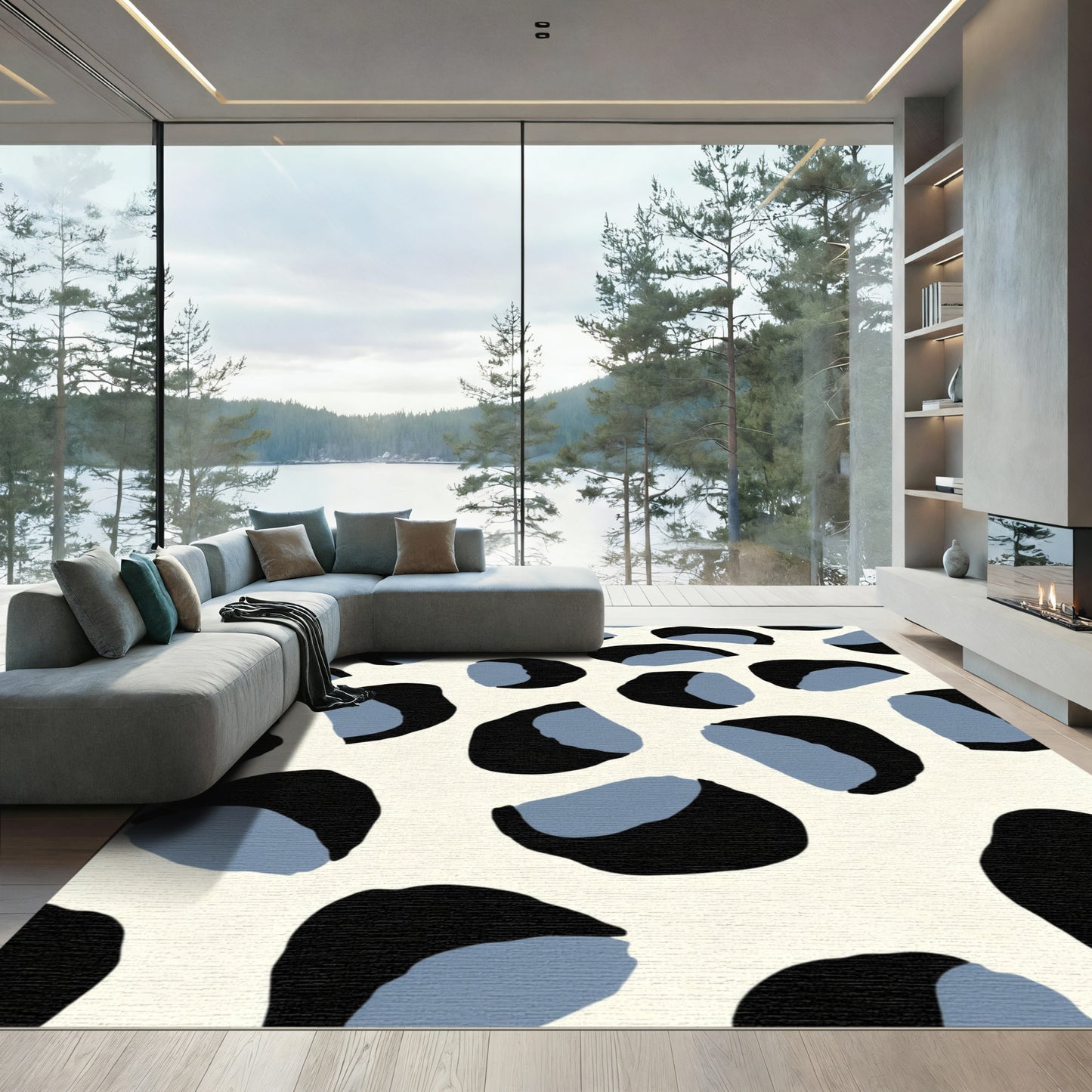 Bold Black Blue Abstract Spots Rug
