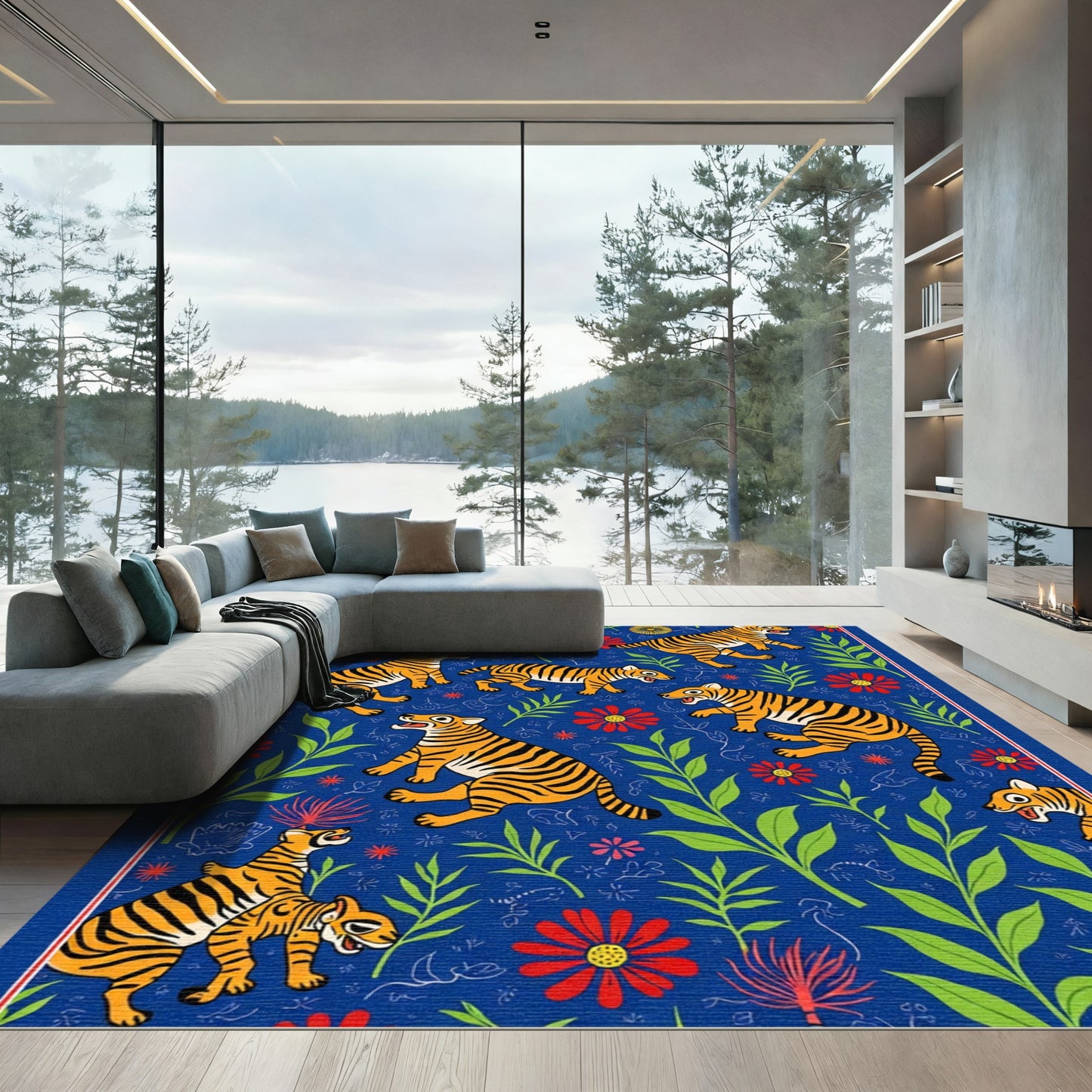 Vivid Blue Roaring Tiger Foliage Rug