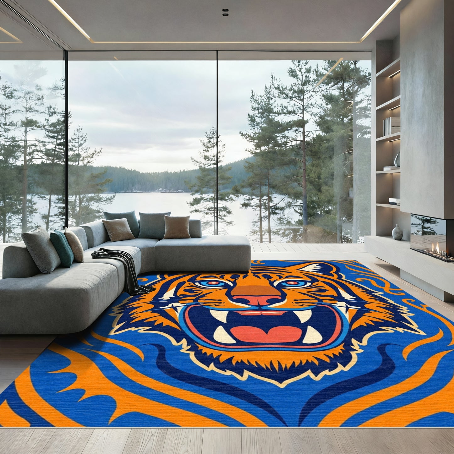 Bold Orange Tiger Blue Swirl Rug