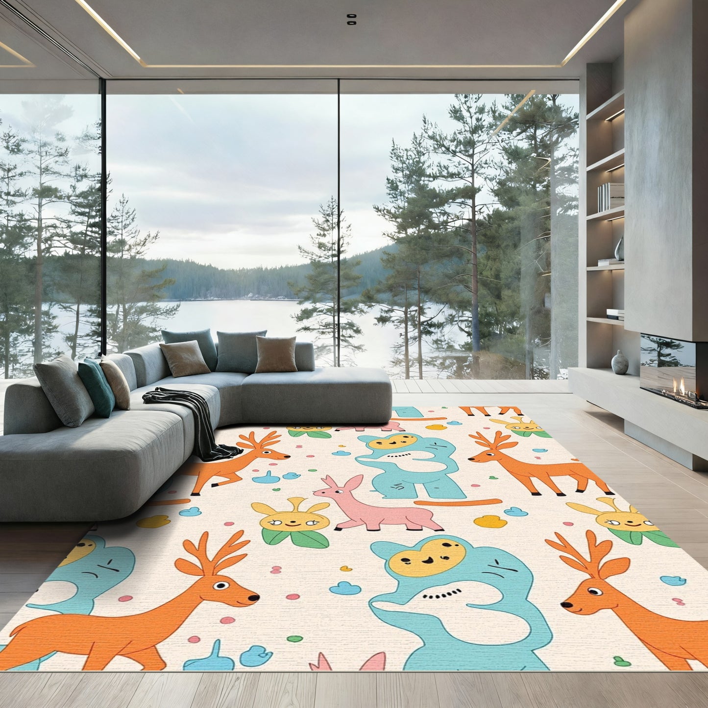 Whimsical Woodland Creature Cartoon Composition Rug