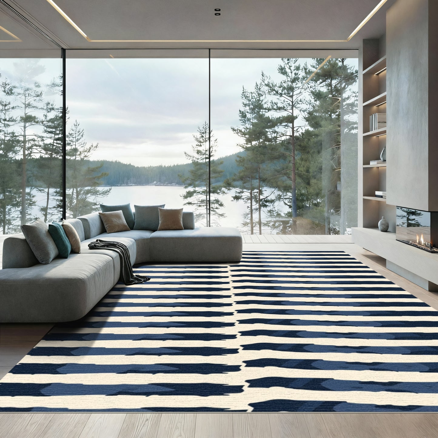 Navy Blue Distressed Stripe Rug