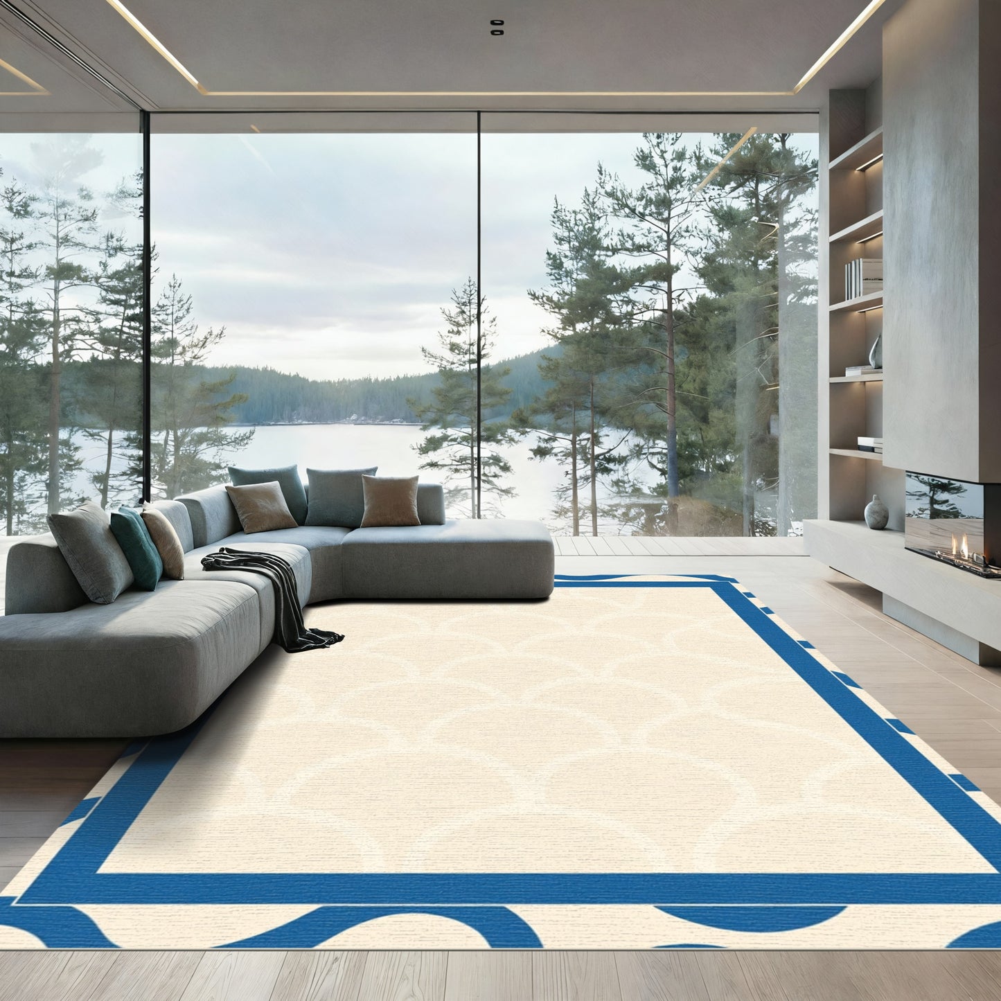 Cream Blue Scallop Border Rug