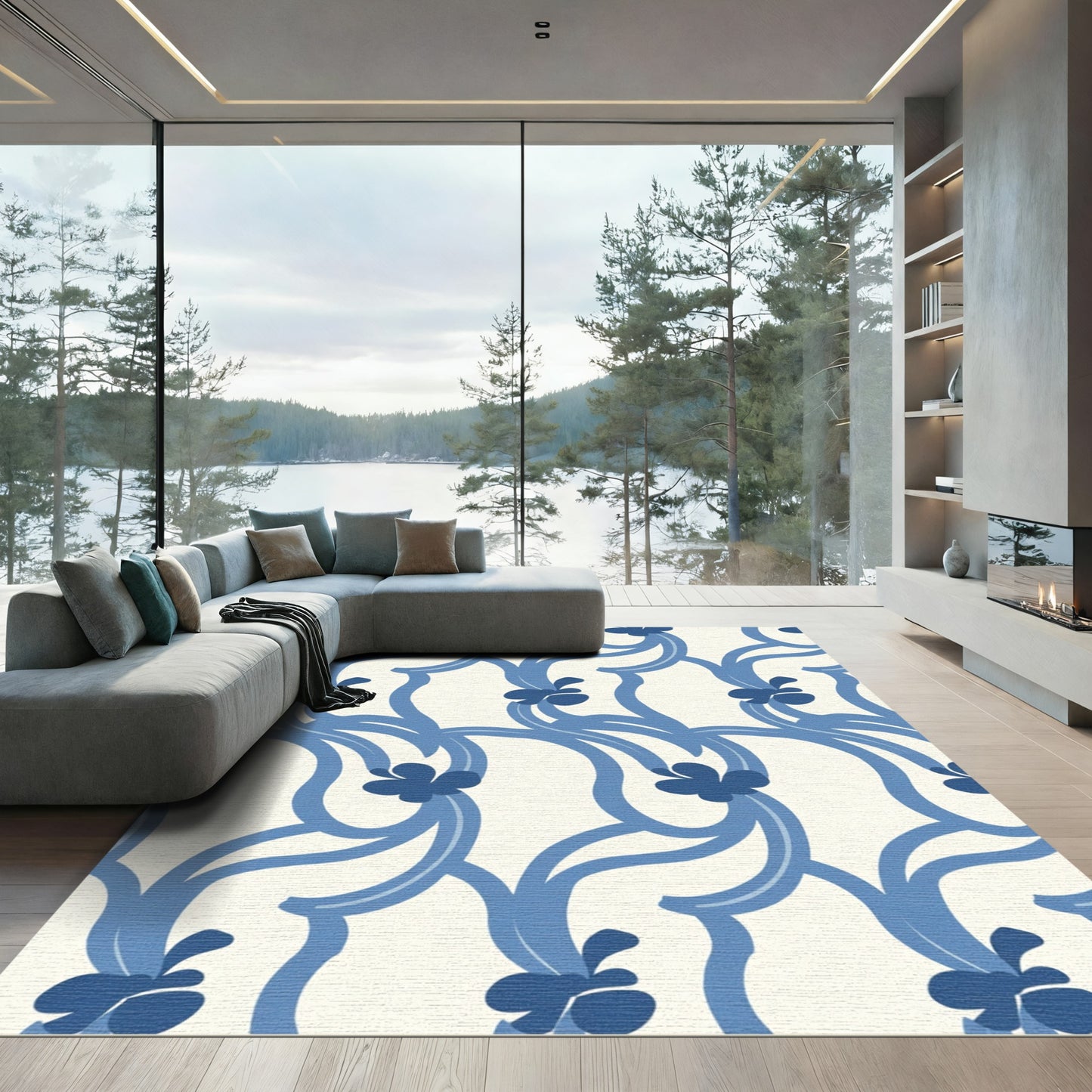Blue Floral Vine Lattice Rug