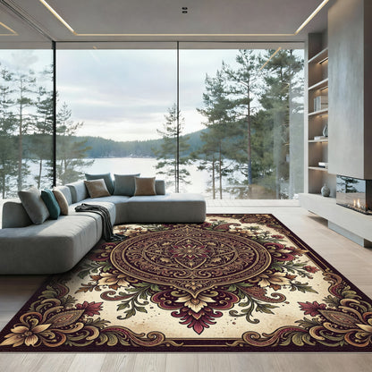 Rich Crimson Floral Medallion Layout Rug