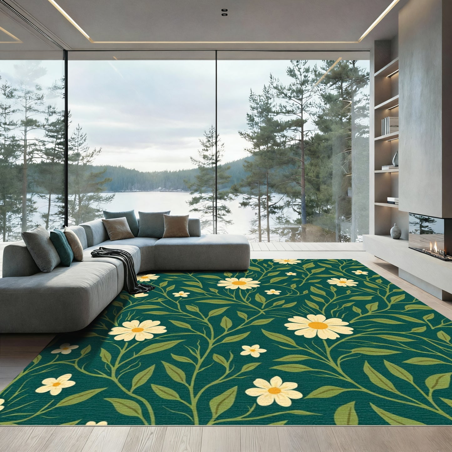 Classic White Daisy Vine Emerald Rug