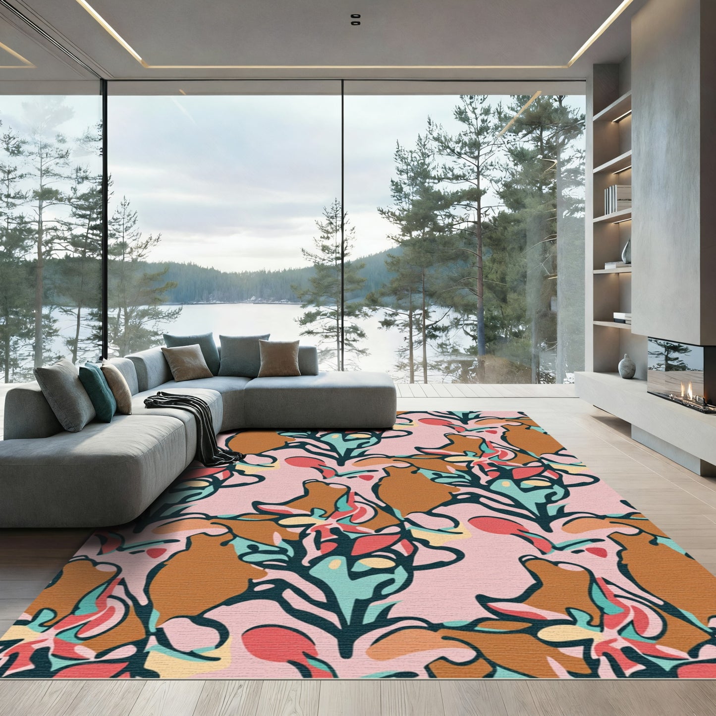 Abstract Floral Brown Teal Pink Rug