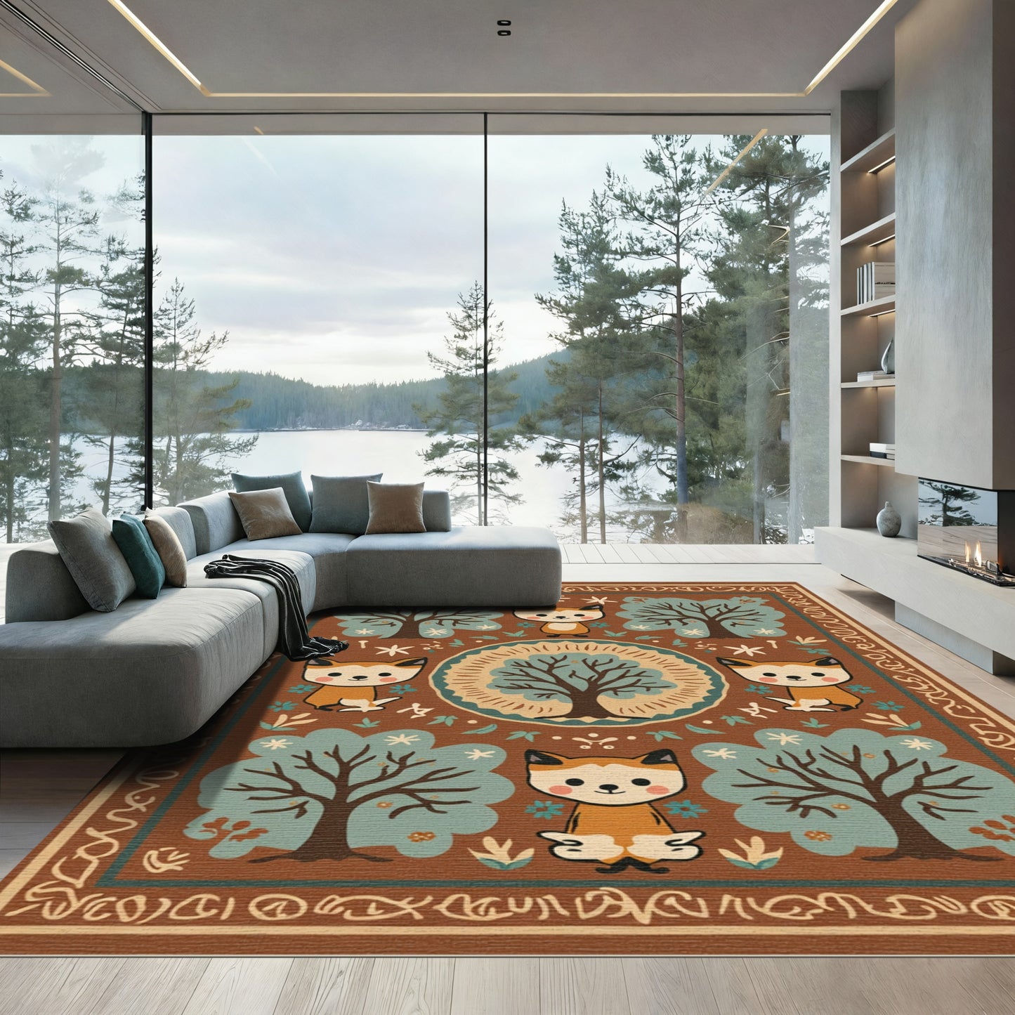 Whimsical Fox and Trees Woodland Scene Rug