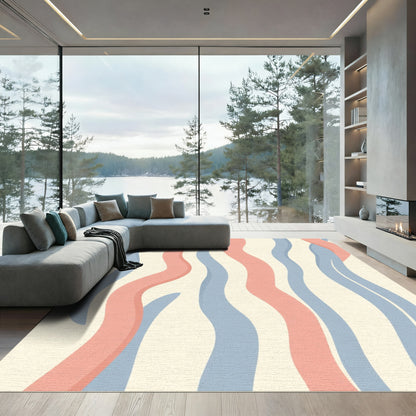 Soft Cream Coral Blue Wavy Stripes Rug
