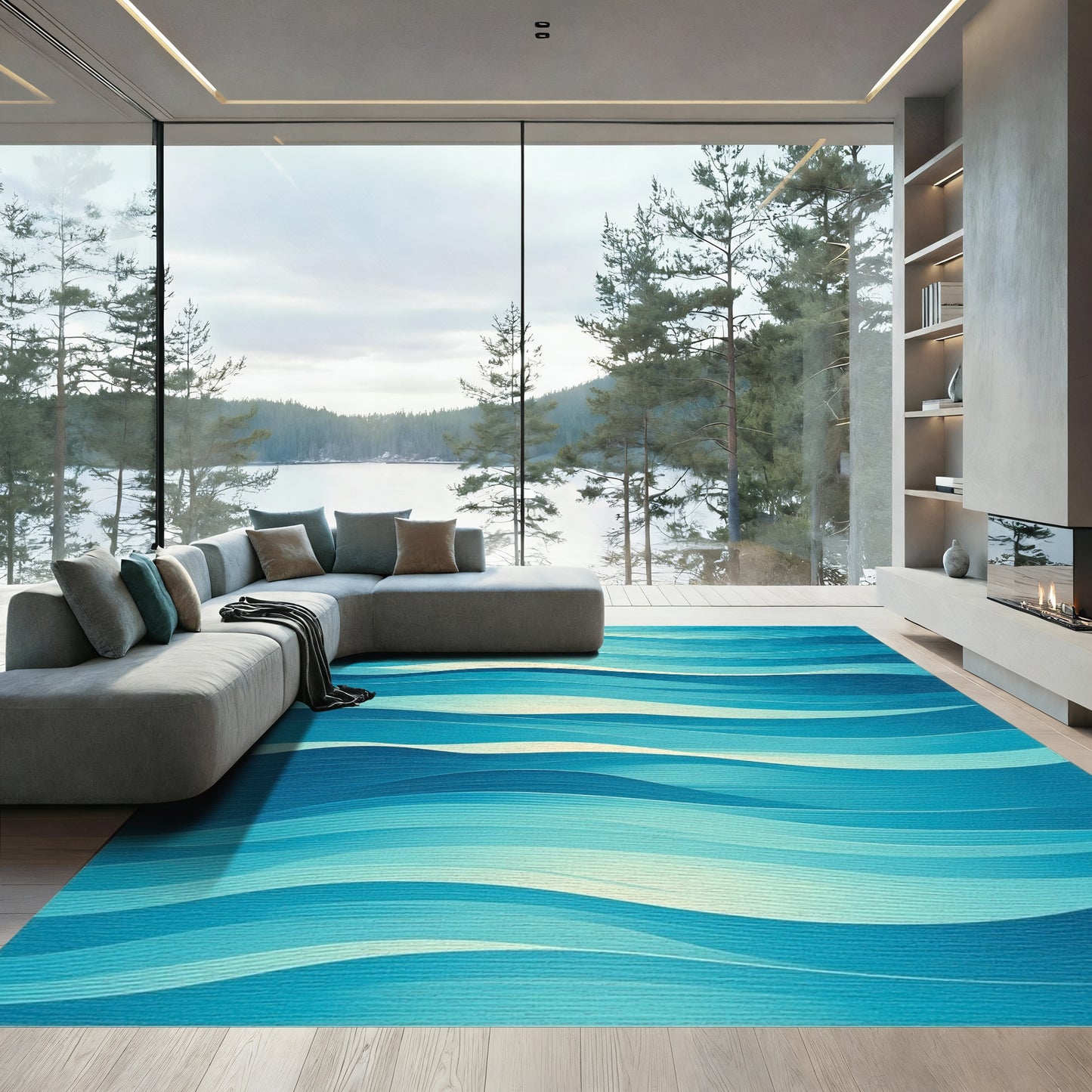 Abstract Blue Layered Waves Rug