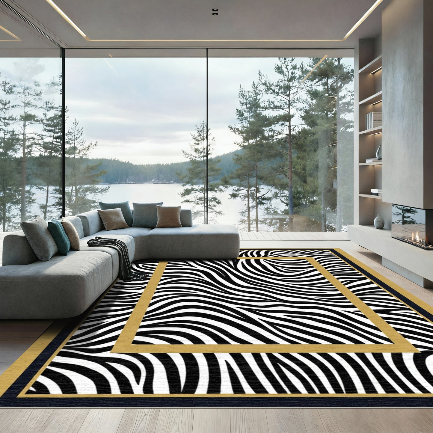 Bold Black White Zebra Stripe Border Rug