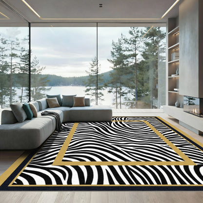 Bold Black White Zebra Stripe Border Rug