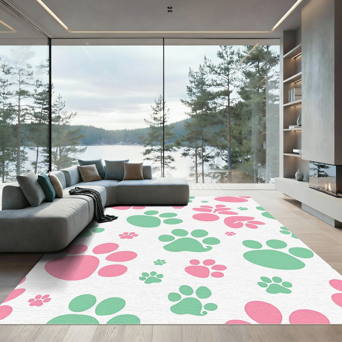 Playful Pink Green Paw Print Repeat Rug