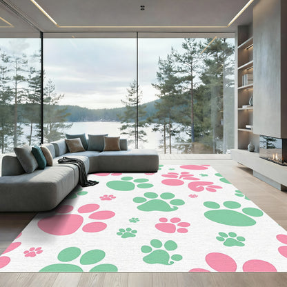 Playful Pink Green Paw Print Repeat Rug