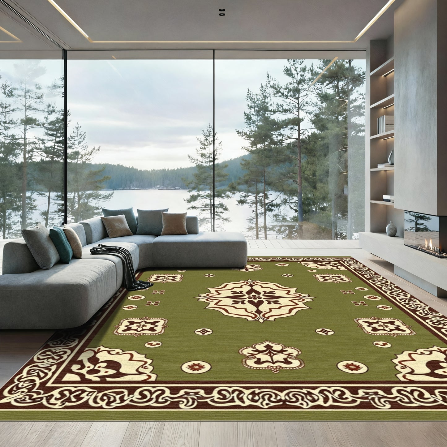 Olive Beige Floral Medallion Border Rug