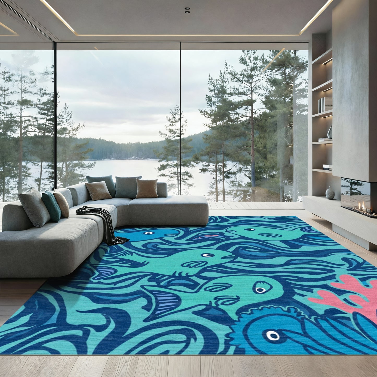 Aqua Blue Whimsical Fish Swirl Rug