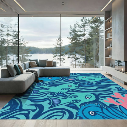 Aqua Blue Whimsical Fish Swirl Rug