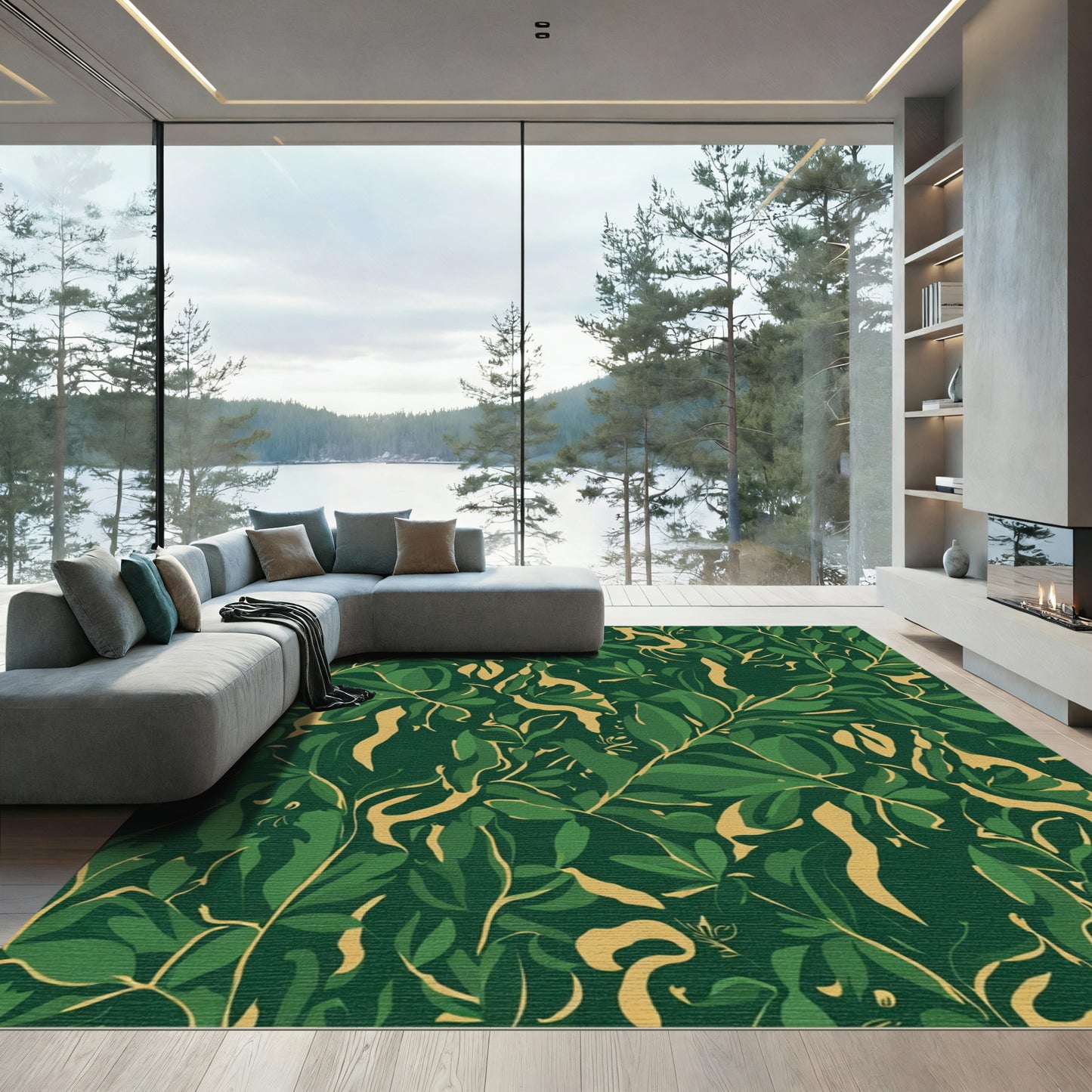Deep Emerald Jungle Leaf Pattern Rug