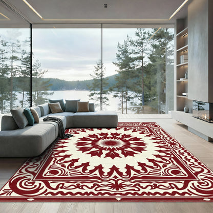 Crimson Floral Sunburst Medallion Border Rug