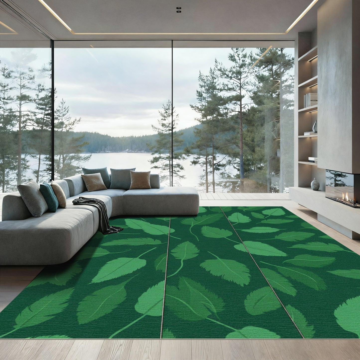 Emerald Green Leafy Branch Pattern Rug